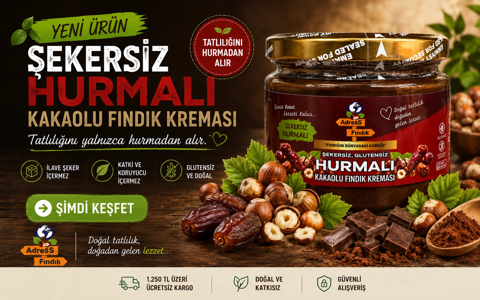 ŞEKERSİZ HURMALI KAKAOLU FINDIK KREMASI 250 g