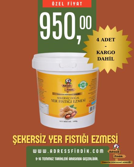 4 KOVA ŞEKERSİZ YER FISTIĞI EZMESİ 4*1000 g